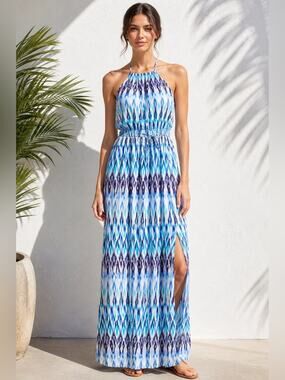 Athleta Blue Ikat Halter Maxi Dress Rayon Side Slit Size XL